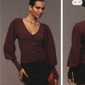 NWT Anthropologie Deep Red V-Neck Sweater with Heart Buttons